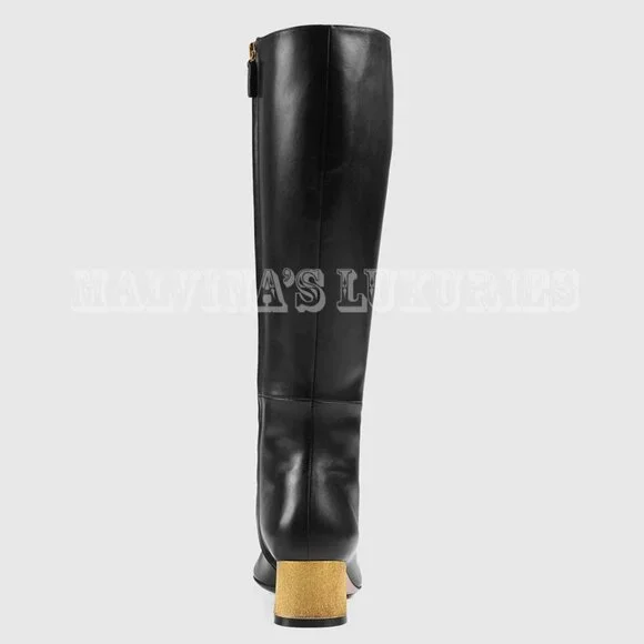 GUCCI BOOTS TALL ARIELLE GOLD MOON CRYSTAL HEEL BLACK LEATHER sz 37.5 7.5